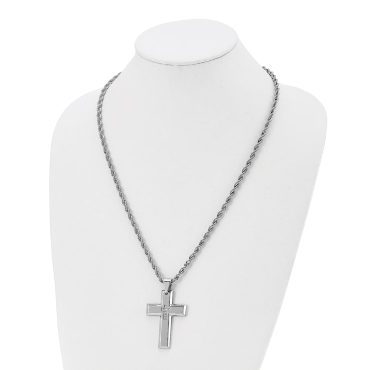 White Cubic Zirconia Stainless Steel Men's Cross Pendant With Chain