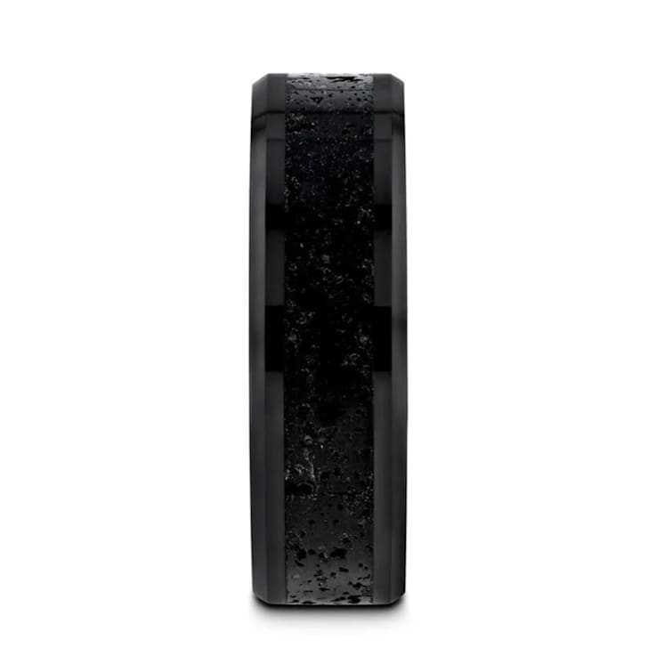 VESUVIUS Men’s Polished Black Ceramic Band with Lava Rock Stone Inlay
& Polished Beveled Edges 8mm