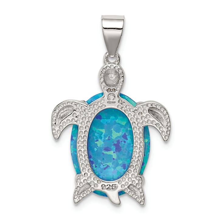 Rhodium Over Sterling Silver Lab Created Opal Inlay Sea Turtle Pendant