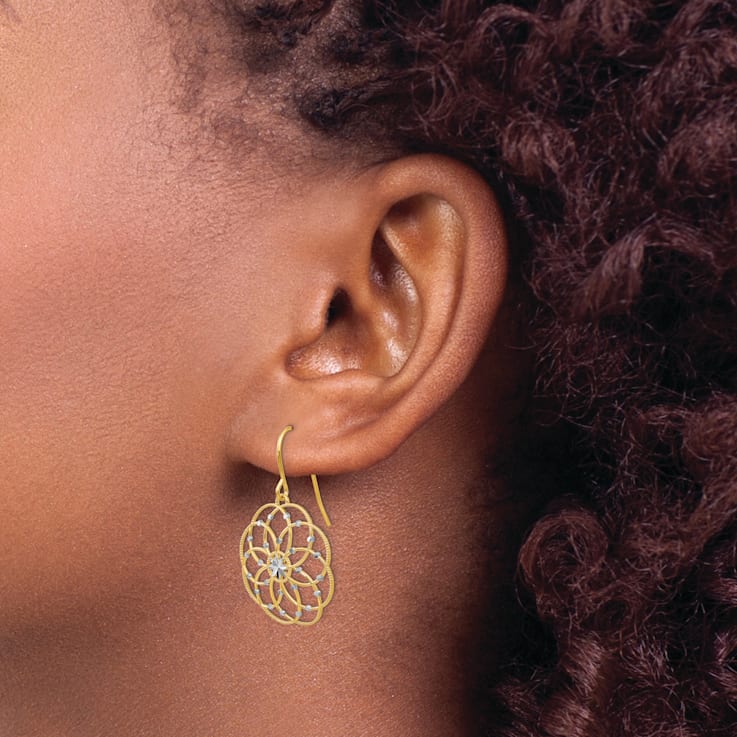 14k Yellow Gold and Rhodium Over 14k Yellow Gold Diamond-Cut Fancy
Dangle Earrings