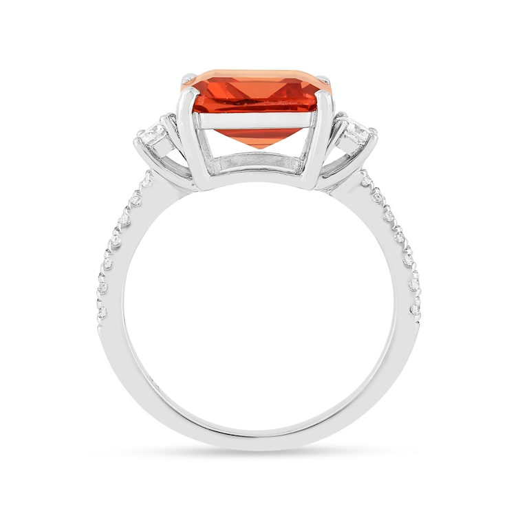 Peach Orange Lab Created Padparadscha Sapphire Rhodium Over Sterling
Silver Three Stone Octagon Ring