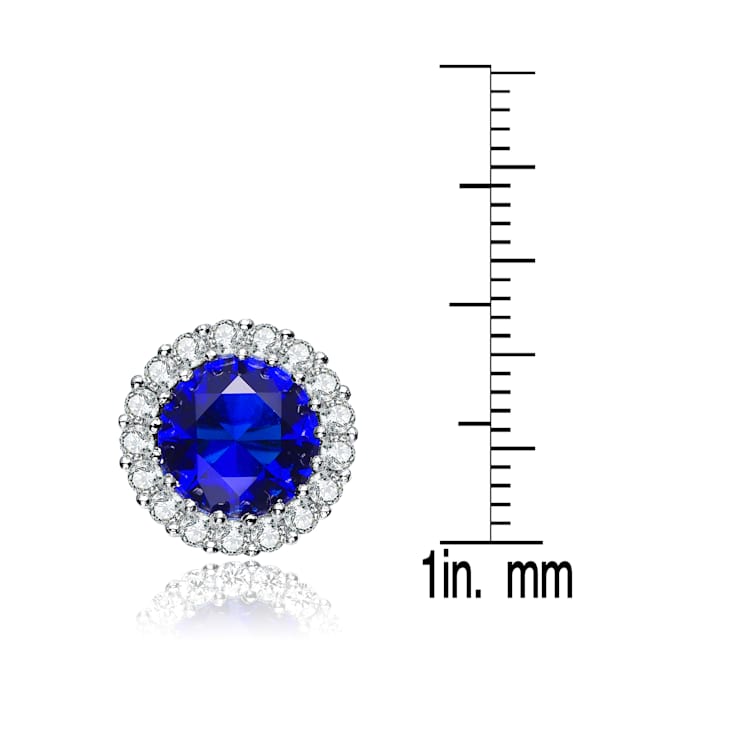Sapphire Color CZ Halo Stud Earrings In Sterling Silver