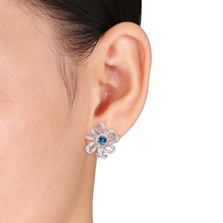 1.88ctw London Blue Topaz and White Topaz Flower Earrings in Sterling Silver