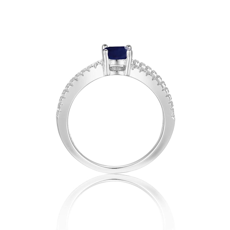 Round Blue Sapphire with White Sapphire Accents Sterling Silver Split
Shank Ring, 0.60ctw