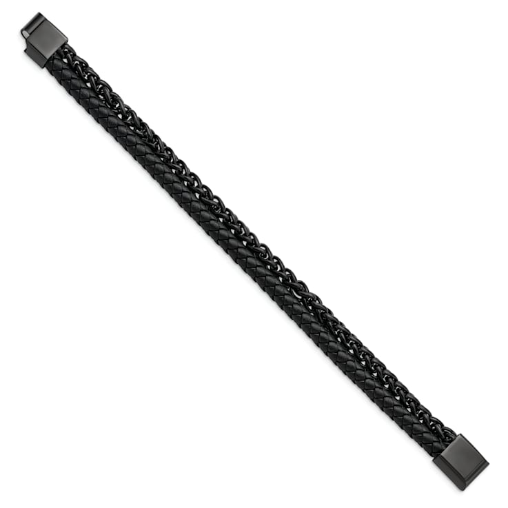 Black Leather and Stainless Steel Polished Black IP Plated Chain
8.5-inch Bracelet