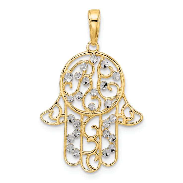 14K Two-tone Gold Diamond-Cut Fancy Hamsa Pendant