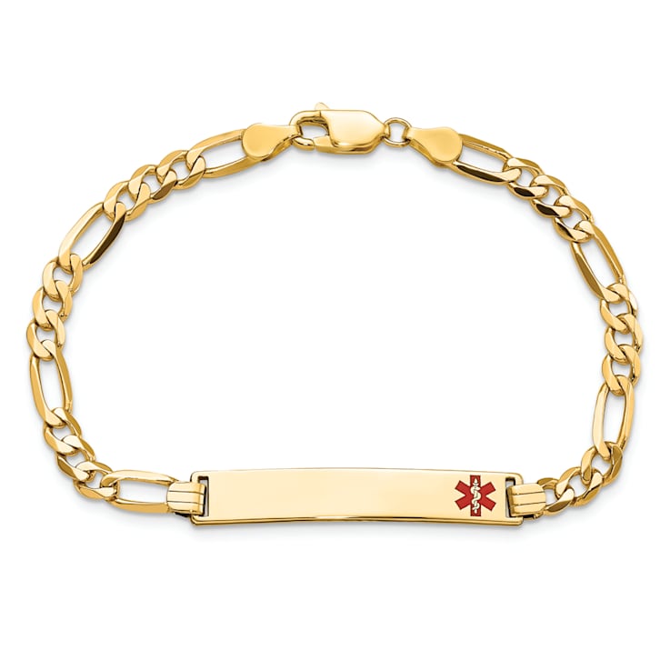 14k Yellow Gold Medical Red Enamel Flat Figaro Link ID Bracelet
