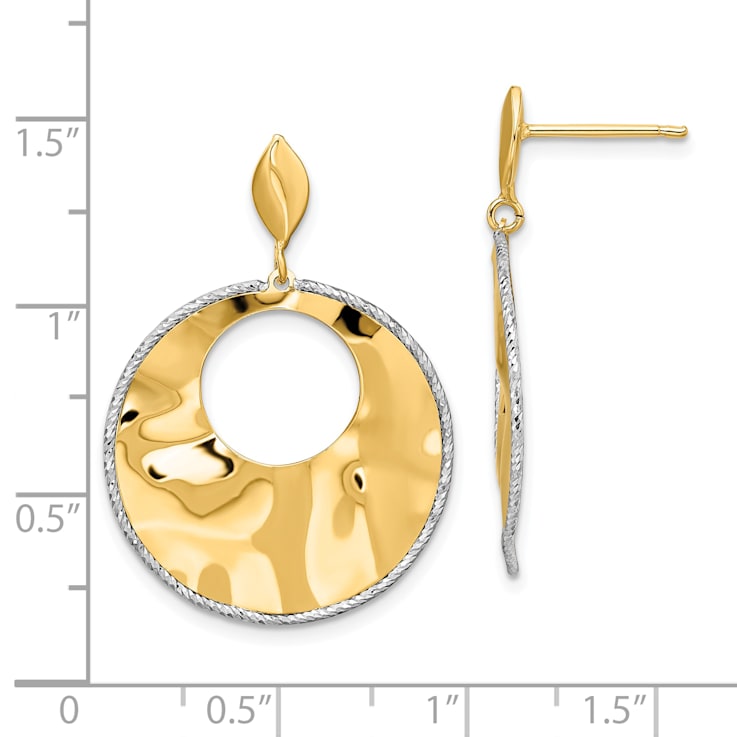 14K Yellow and White Gold Polished Textured Post Dangle Earrings