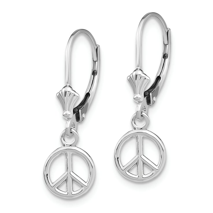 Rhodium Over 14k White Gold 3D Peace Symbol Dangle Earrings