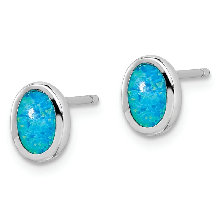 Rhodium Over Sterling Silver Polished Blue Created Opal Oval Stud Earrings