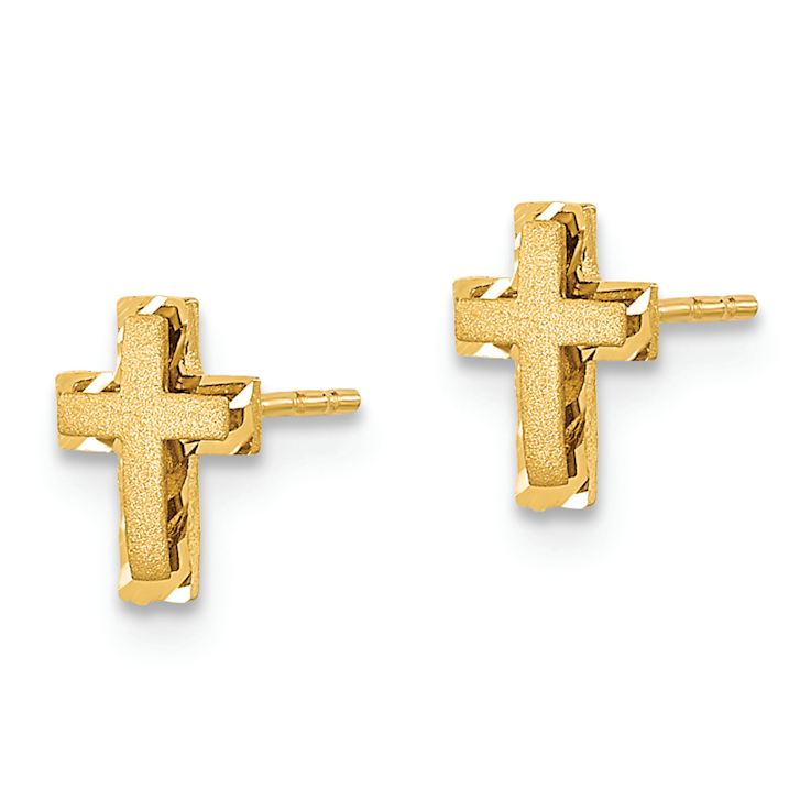 14k Yellow Gold Satin, Polished and Diamond-Cut Cross Stud Earrings