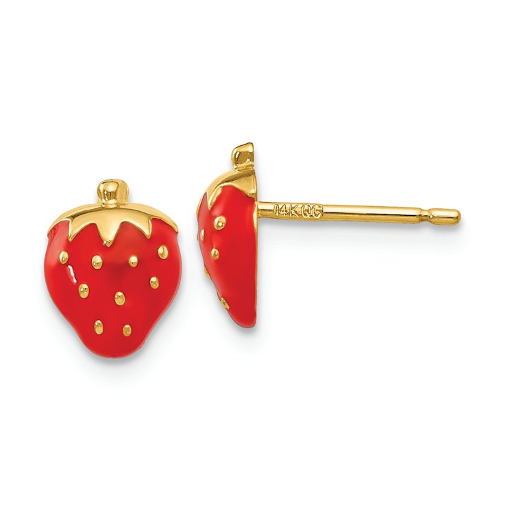 14k Yellow Gold Red Enameled Strawberry Stud Earrings