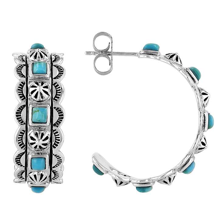 Turquoise Southwest Inspired Oxidized Sterling Silver Hoop Earrings 2.5mm