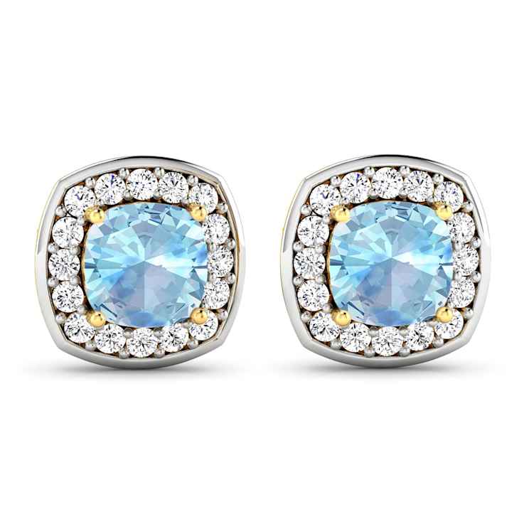 1.50ctw 14K Yellow Gold Cushion Aquamarine and White Diamond Halo Earrings