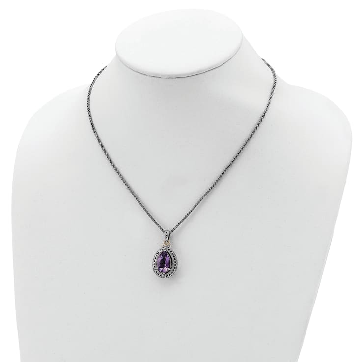 Sterling Silver Antiqued with 14K Accent Diamond and Amethyst Necklace
