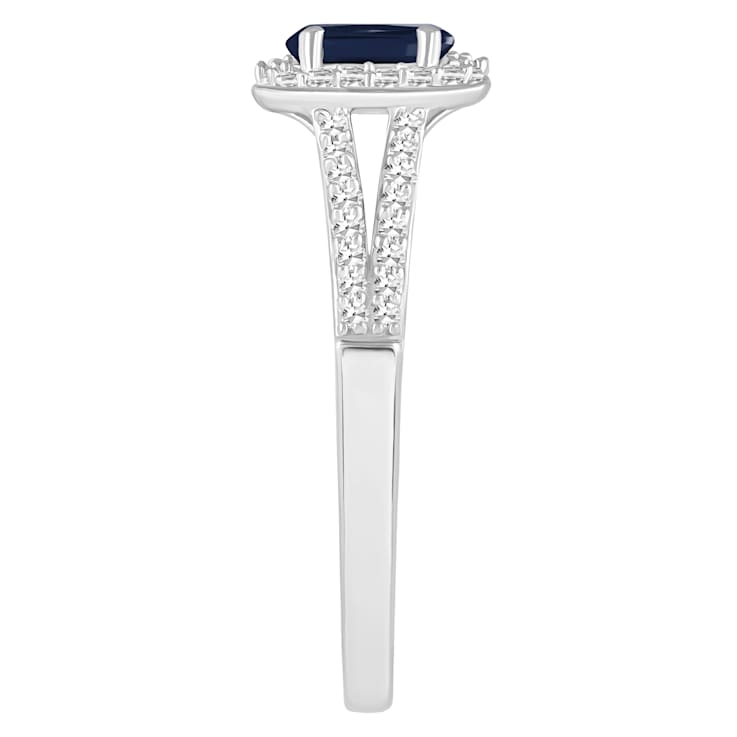 6x4mm Oval Sapphire 1/4 ctw Diamond Rhodium Over Sterling Silver Halo Ring