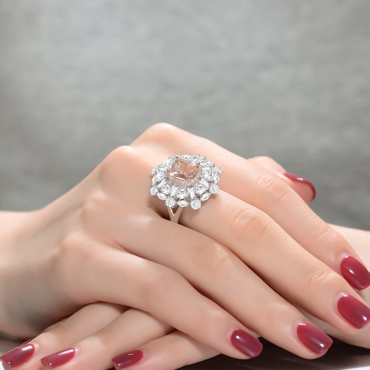 Morganite Cubic Zirconia, Rhodium Plated over Sterling Silver Ring