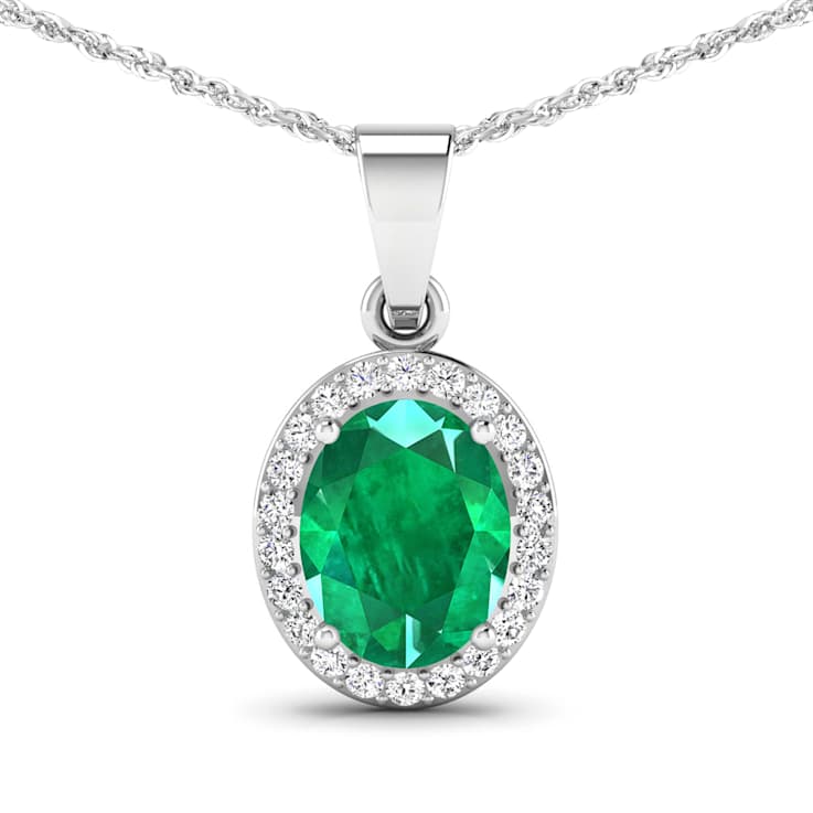 Green Zambian Emerald and White Diamond 14K White Gold Pendant with 18
inch Cable Chain 1.65ctw