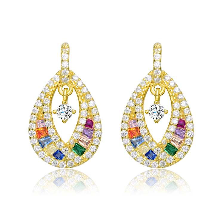 Multi-Color CZ Pear Shape Drop Earrings In 14K Gold Over Sterling Silver