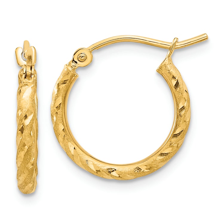 14k Yellow Gold Polished, Satin and Diamond-Cut 11/16" Hoop Earrings