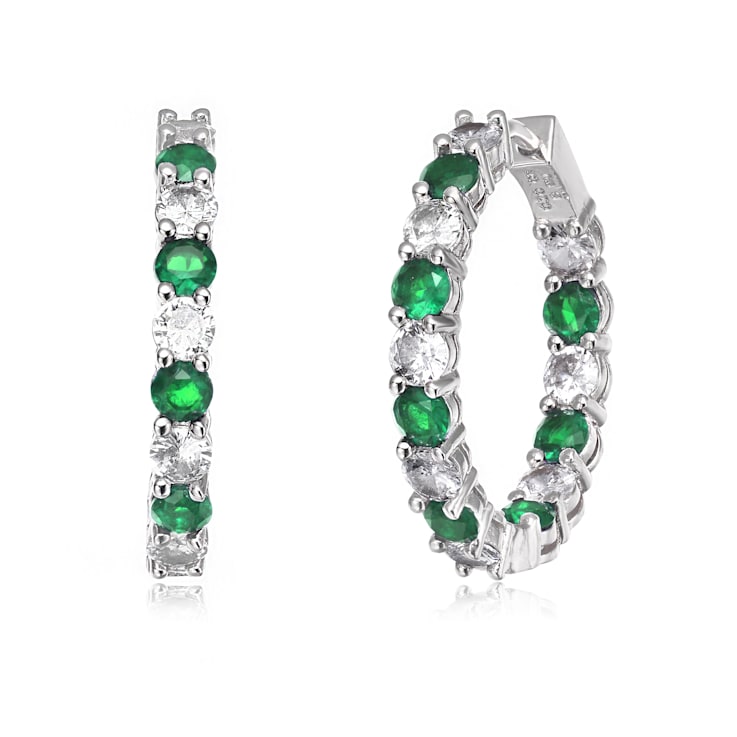 Green Color Cubic Zirconia, Rhodium White Gold Over Brass Base Inside
Out Hoop Earrings 6.9ctw