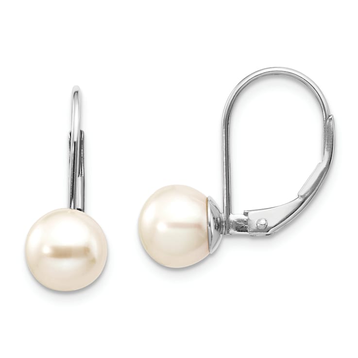 Rhodium Over 14K White Gold 7-8mm Round Freshwater Cultured Pearl
Leverback Earrings