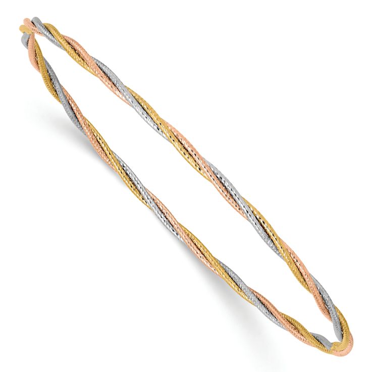 14k Tri-color gold 2mm Diamond-Cut Twisted Slip-On Bangle