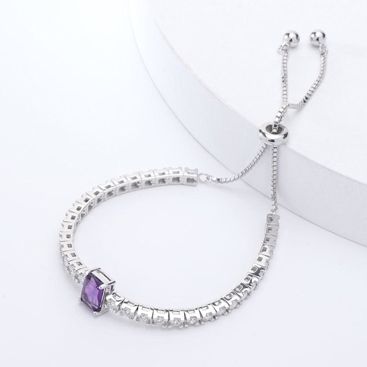 Purple Amethyst with Moissanite Accents Rhodium Over Sterling Silver Bracelet