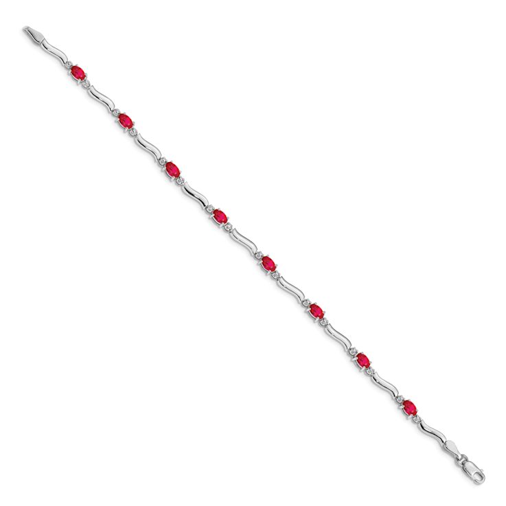 Rhodium Over 10k White Gold Diamond and Red Ruby Bracelet