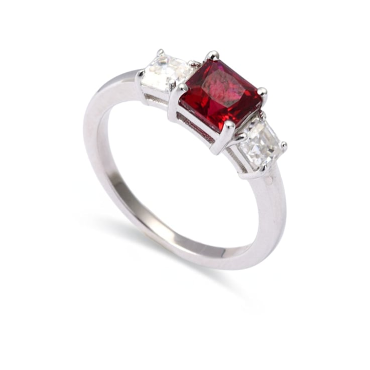 Red Lab Grown Ruby Rhodium Over Sterling Silver Three Stone Ring