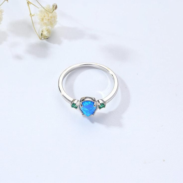 Pear Shape Lab Created Blue Opal and Round Green Nanocrystal Sterling
Silver Opal Ring 3-Stone Ring