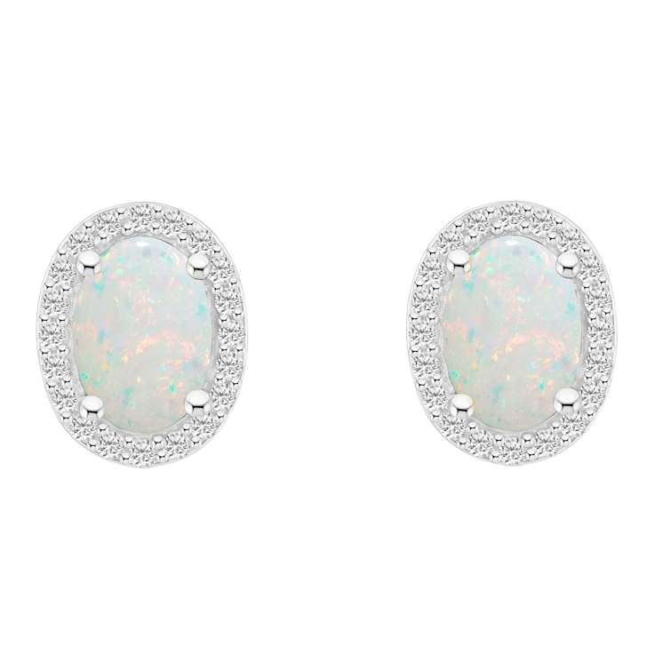 7x5mm Oval Created Opal And Created White Sapphire 10k White Gold Halo
Stud Earrings