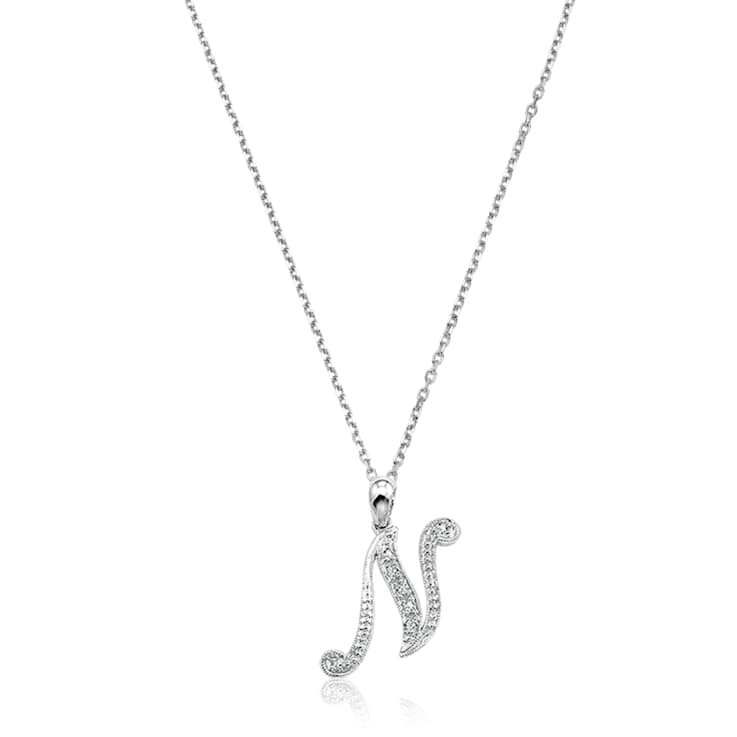 10K White Gold Script White Diamond Initial Letter N Pendant With Chain, 0.02ctw