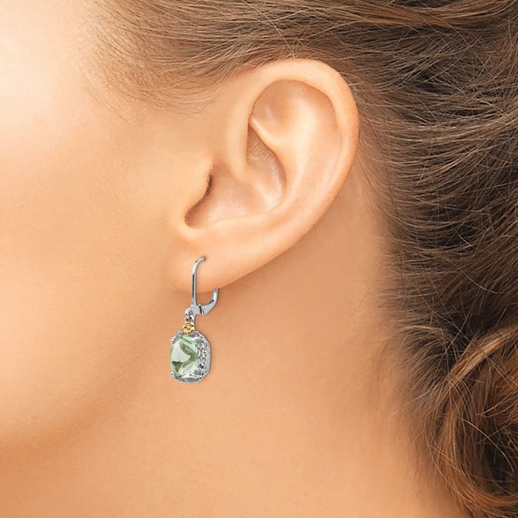 Sterling Silver Rhodium-plated with 14K Accent Prasiolite Earrings