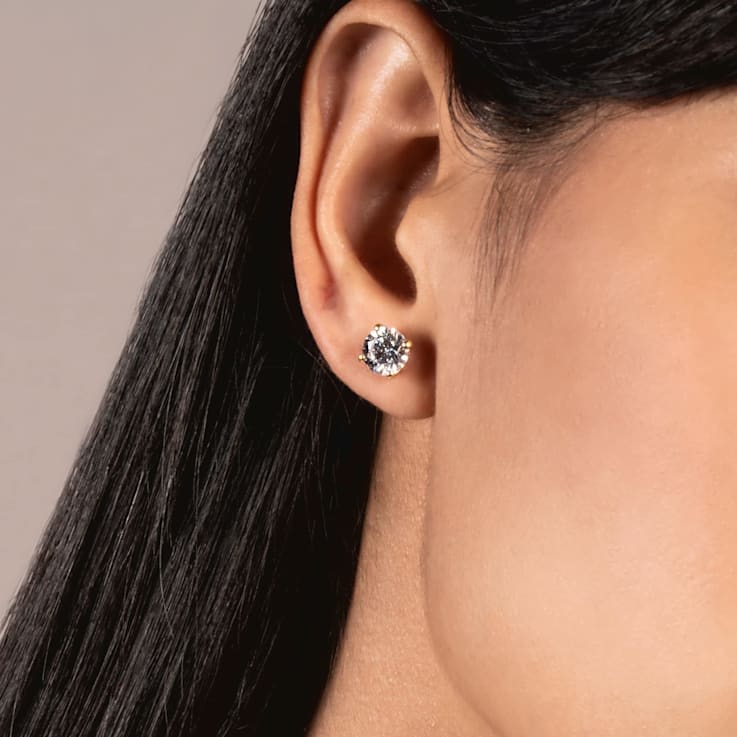 White Cubic Zirconia 14k Yellow Gold Studs With Velvet Gift Box 2.50ctw