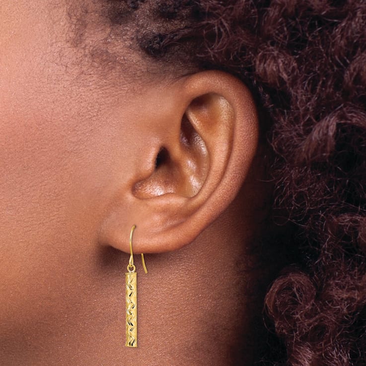 14k Yellow Gold Polished and Diamond-Cut Bar Dangle Earrings