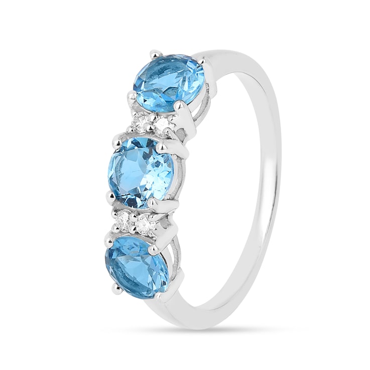 Blue Topaz Rhodium Over Sterling Silver Round Moissanite 3-Stone Ring