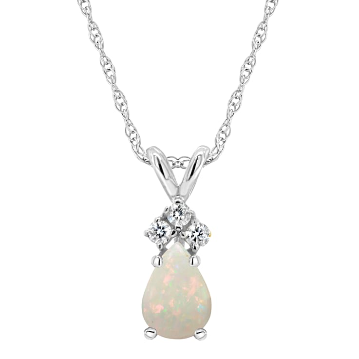 7x5mm Pear Shape Opal with Diamond Accents 14k White Gold Pendant With Chain