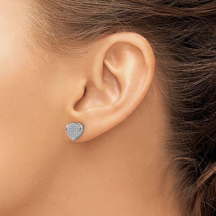 Rhodium Over 14k White Gold Diamond Heart Stud Earrings