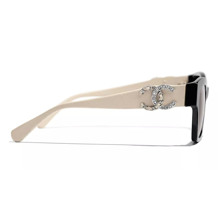 Chanel Black W White Leather Arm CC Logo Frame Brown Gradient Lens Sunglasses