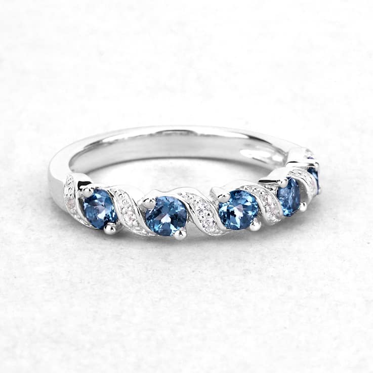 London Blue Topaz and White Topaz Sterling Silver 5 five Stone Band Ring