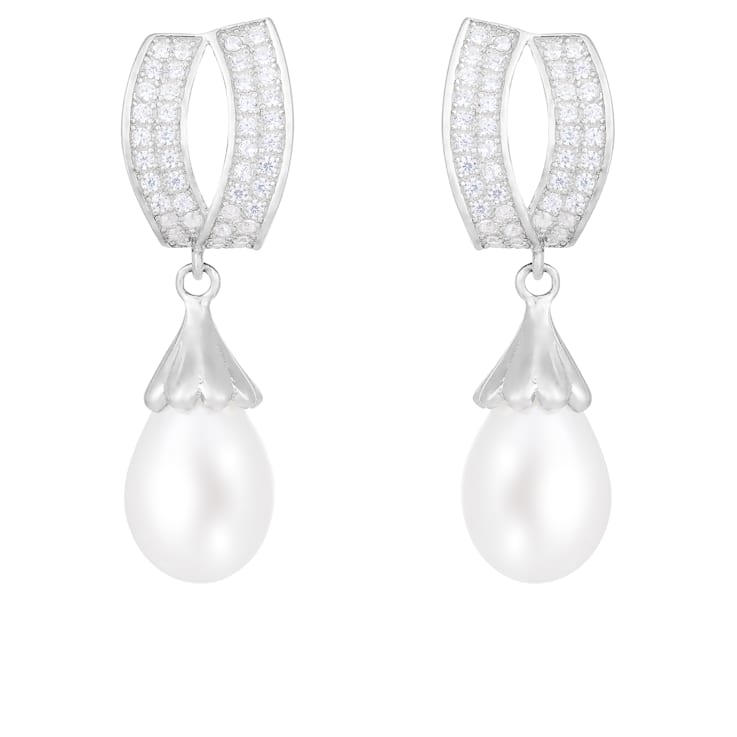 8-9mm White Cultured Freshwater Pearl and Cubic Zirconia Rhodium Over
Sterling Silver Earrings