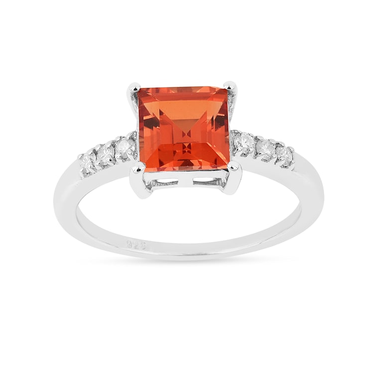 Peach Orange Lab Created Padparadscha Sapphire Rhodium Over Sterling
Silver with Moissanite Ring