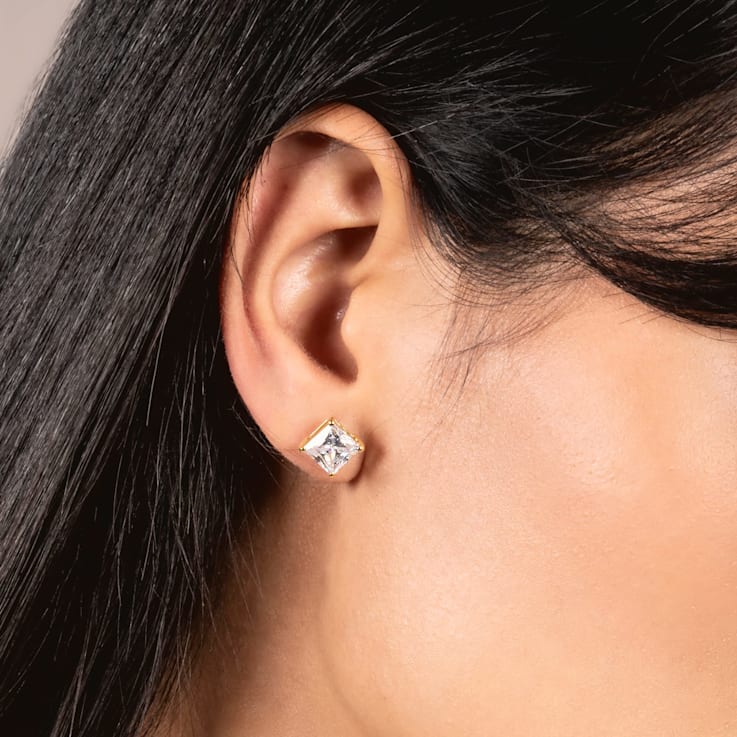 White Cubic Zirconia 14k Yellow Gold Studs With Velvet Gift Box 4.00ctw