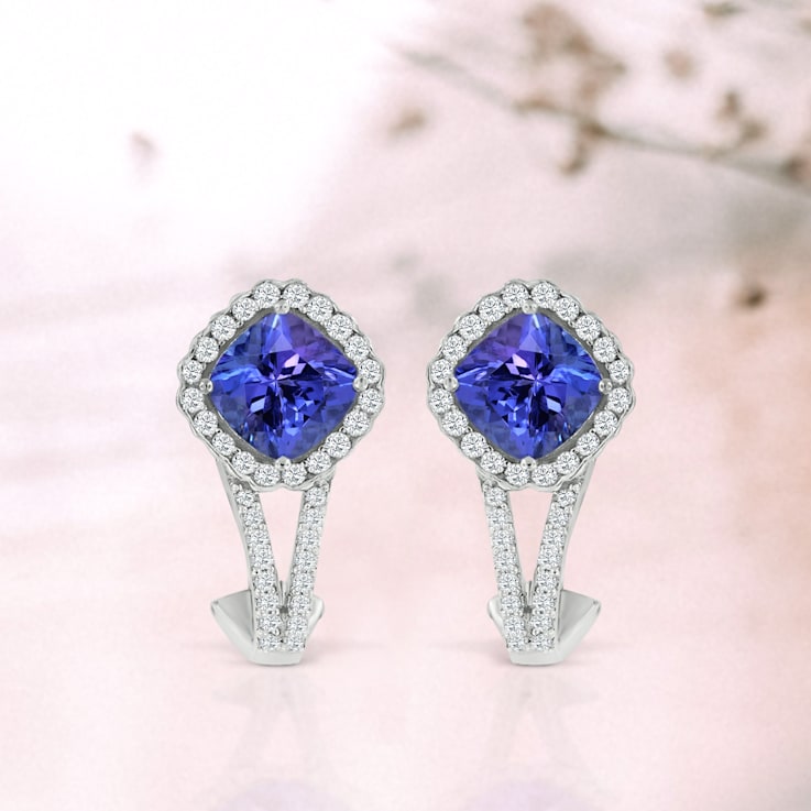 14K White Gold Rectangular Cushion Tanzanite and Diamond Earrings 3.53ctw