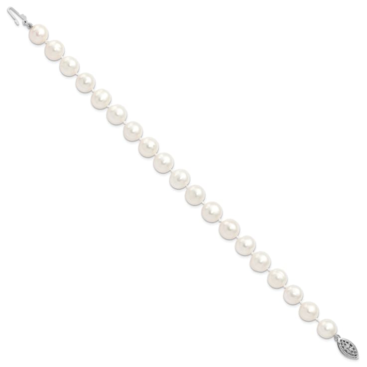 Rhodium Over Sterling Silver 9-10mm White Freshwater Cultured Pearl Bracelet