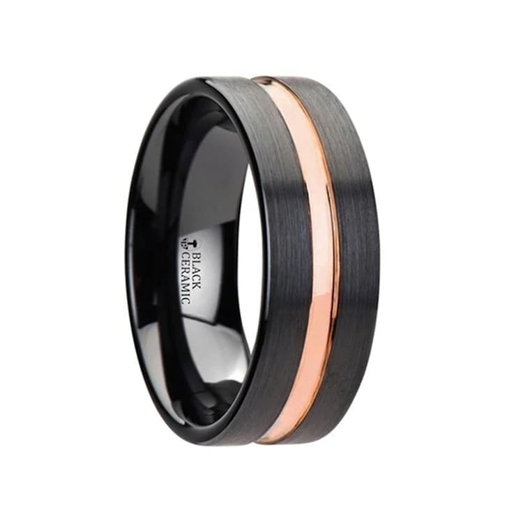 VENICE Black Ceramic Wedding Band with Rose Gold Groove 8mm