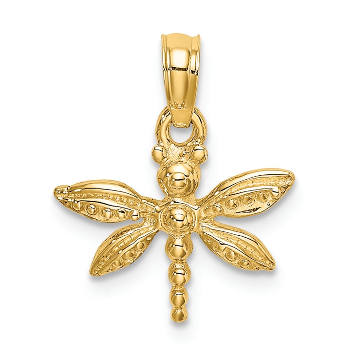 14k Yellow Gold Textured Mini Dragonfly with Solid Wings Pendant