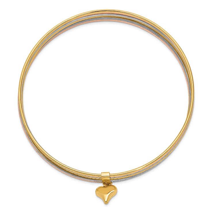 14k Yellow Gold, 14k White Gold and 14k Rose Gold Set of 7 Textured
Slip-on Bangle with Dangle Heart