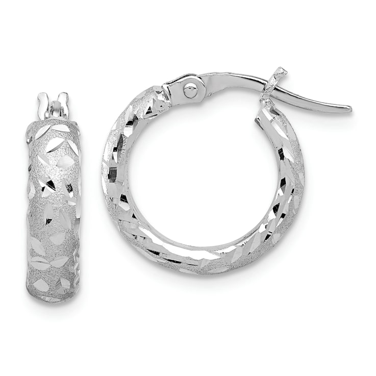 Rhodium Over 14k White Gold Satin and Diamond-Cut 11/16" Hoop Earrings